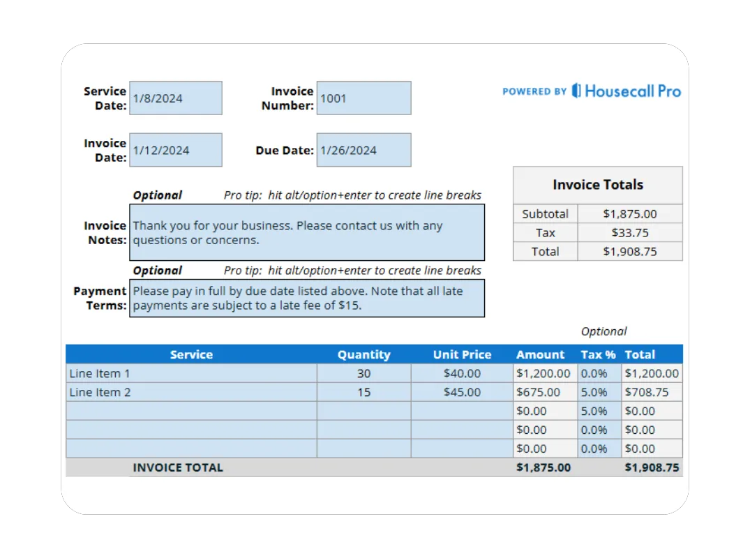 HVAC invoice preview displaying billing breakdown, tax summary, and total due.