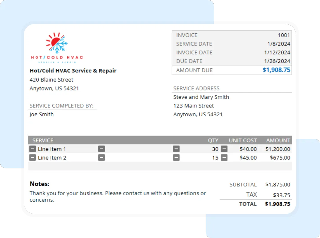HVAC invoice example detailing payment terms, notes, and itemized costs for contractors.
