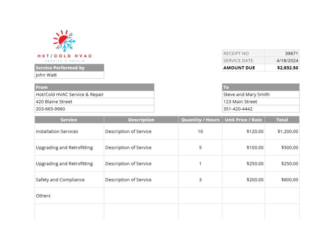 HVAC receipt example showing total due, payment method, and company details from Hot/Cold HVAC powered by Housecall Pro