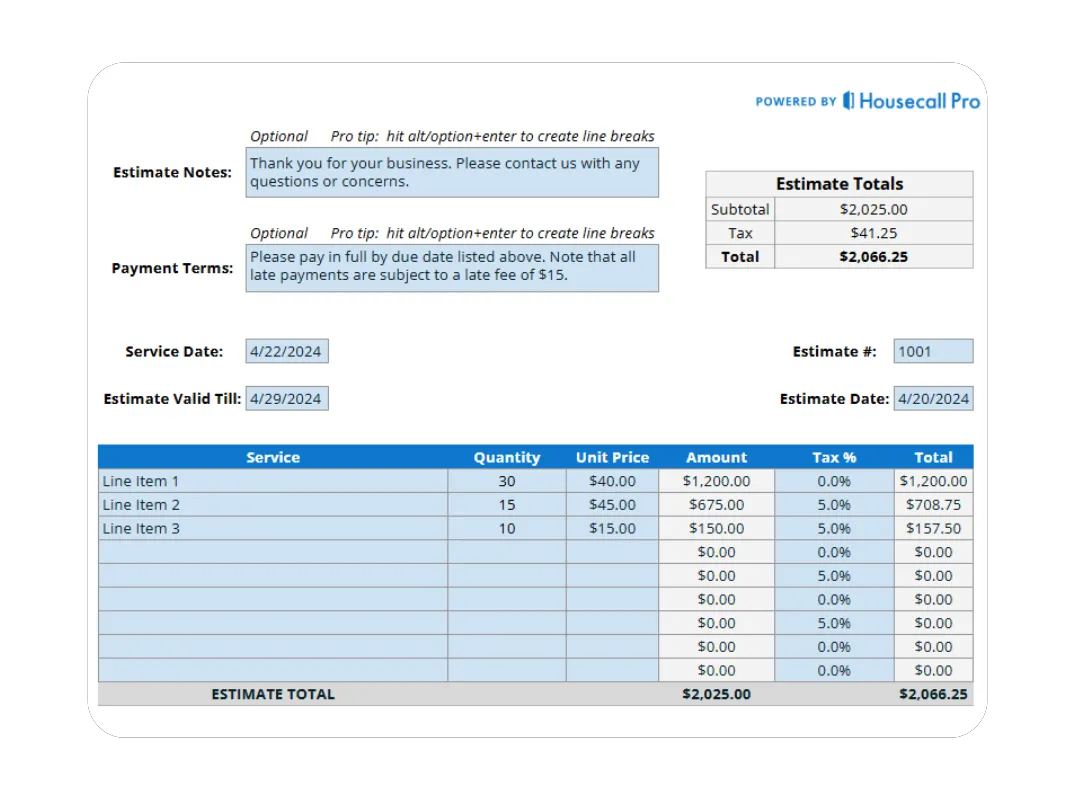 Pest control estimate template displaying service items, labor hours, tax, and total powered by Housecall Pro.