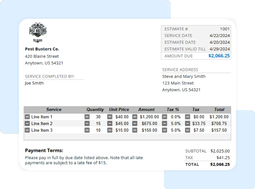 Detailed pest control estimate spreadsheet showing service descriptions, quantities, rates, and payment summary.