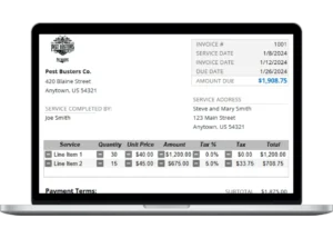 Pest control invoice template showing company details, service list, and total amount powered by Housecall Pro.