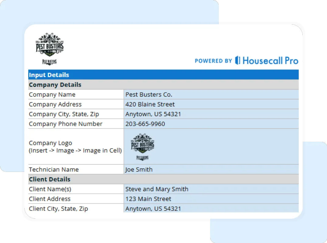 Editable pest control invoice form listing services, unit prices, tax rates, and payment terms.
