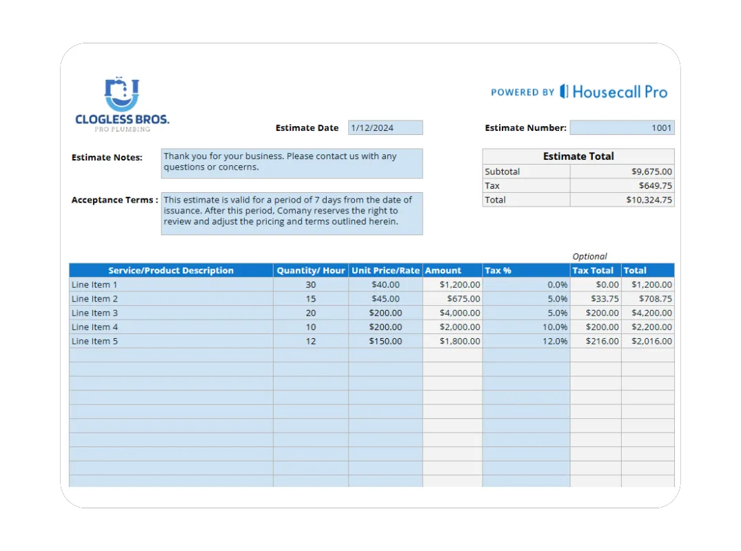 Plumbing estimate example form displaying service description, material costs, and client details for U.S. plumbing businesses.