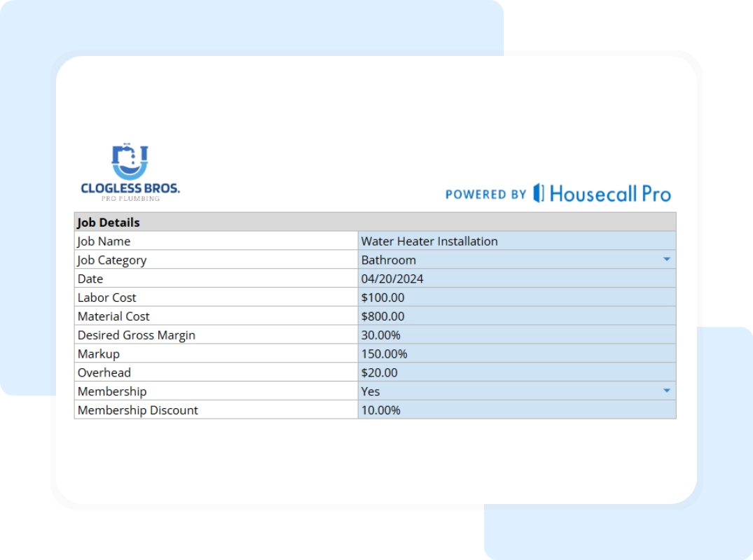 define flat rates, showing the breakdown of labor, material cost, margin and etc