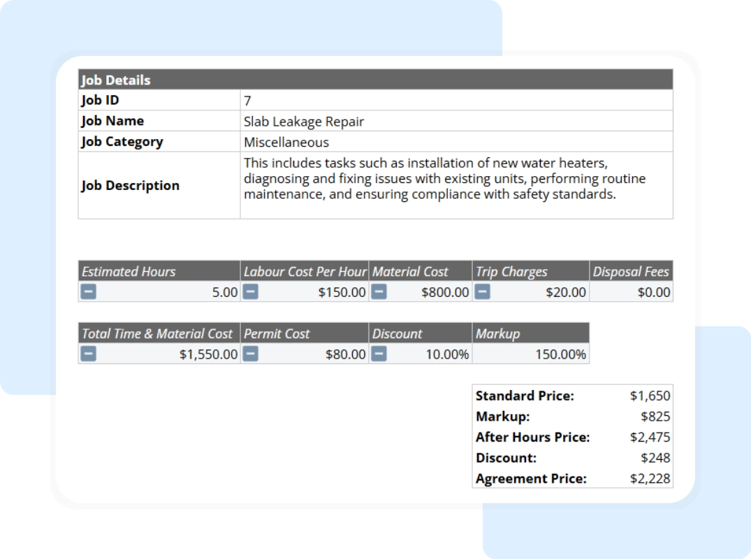 printable summary tab of the plumbing price list template