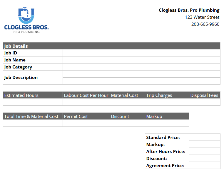 plumbing price list printable blank summary template