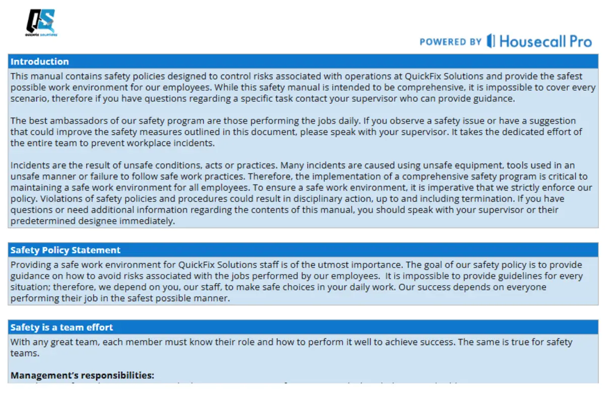 tab showing the input fields for introduction, safety policy statement and safety is a team effort