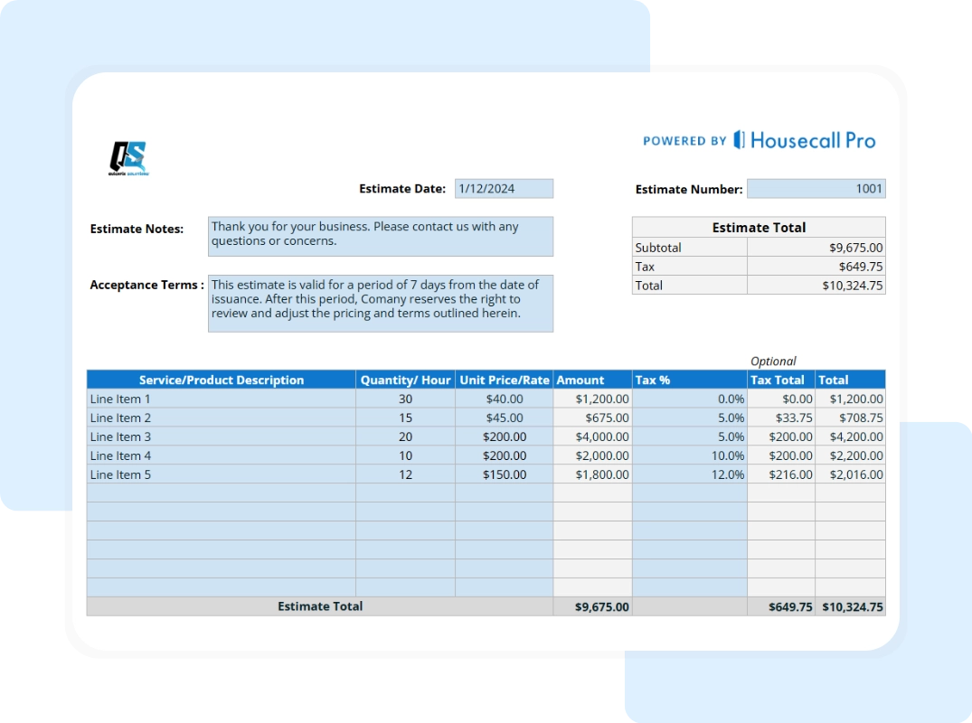 key benefits tab, showing the itemized breakdown of services, costs, and tax calculations.