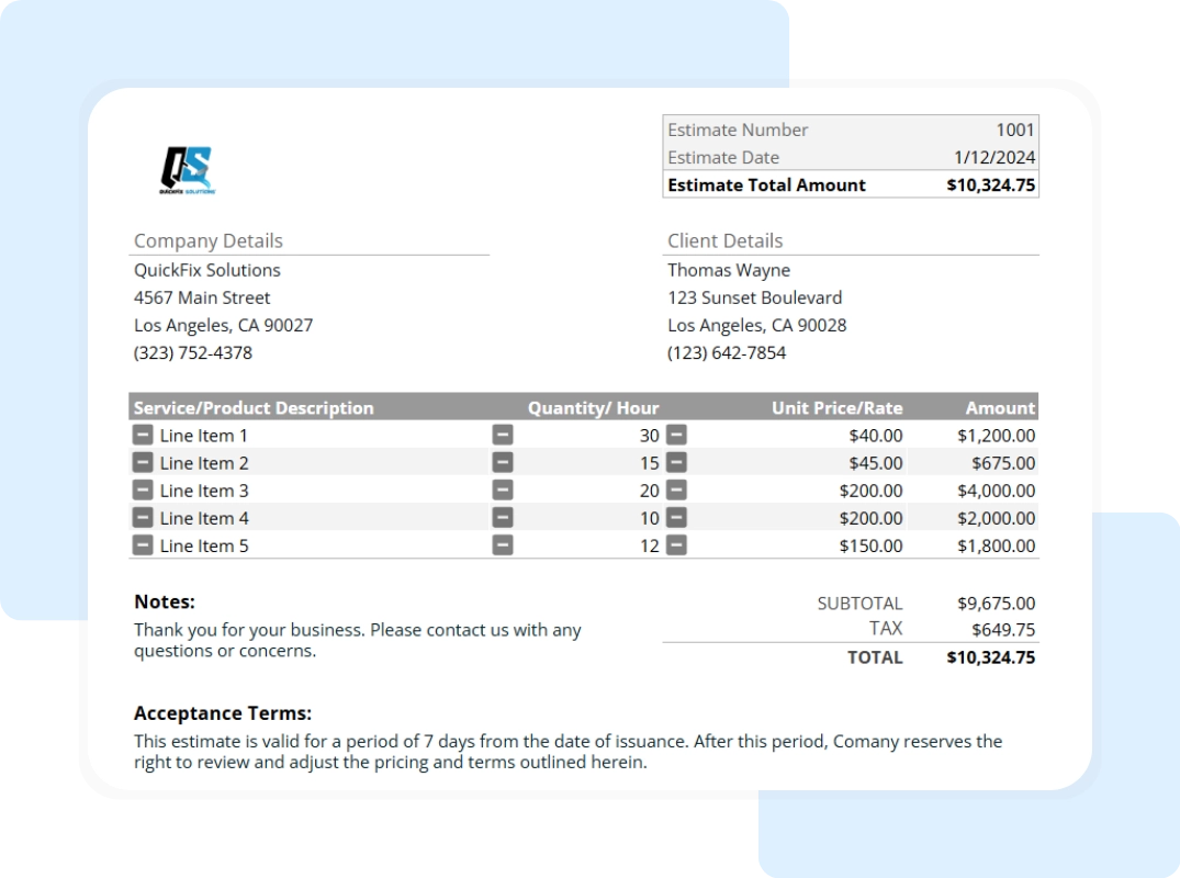 print and share tab showing the final, clean version of the estimate ready to be sent to a client.