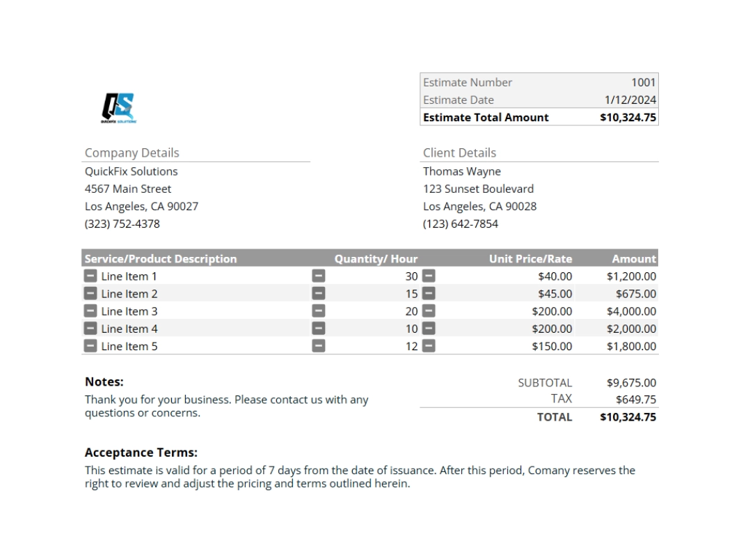 small business estimate printable report cta