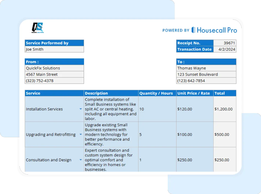 Professional receipt template for small businesses with descriptions, labor hours, and subtotal calculation powered by Housecall Pro.