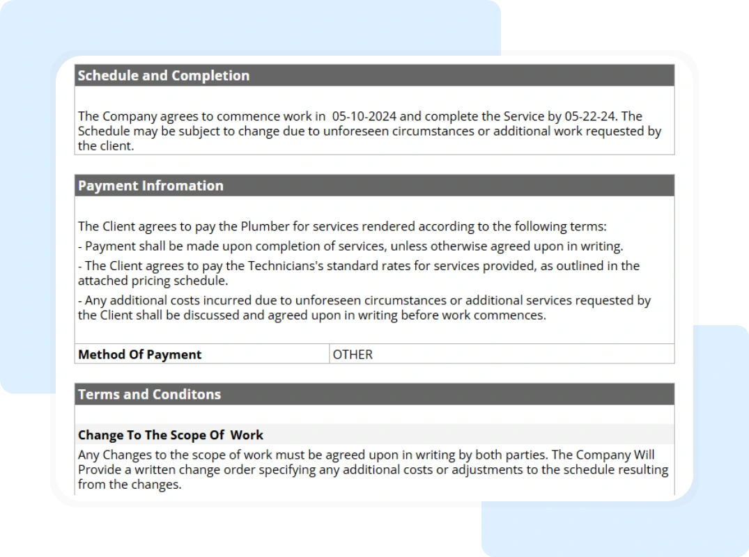 print and share tab, showing the It shows a clean, professional layout of the final service agreement