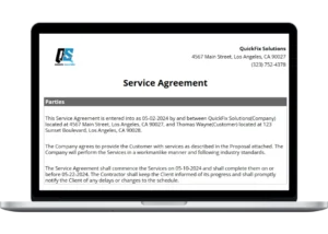 small business service agreement template, showing the company and service details