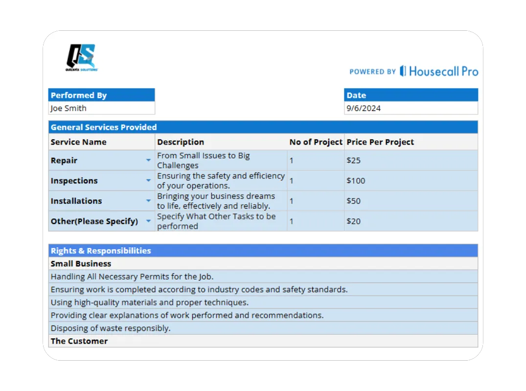 Example of a small business terms and conditions form defining service scope, pricing, and customer agreements powered by Housecall Pro.