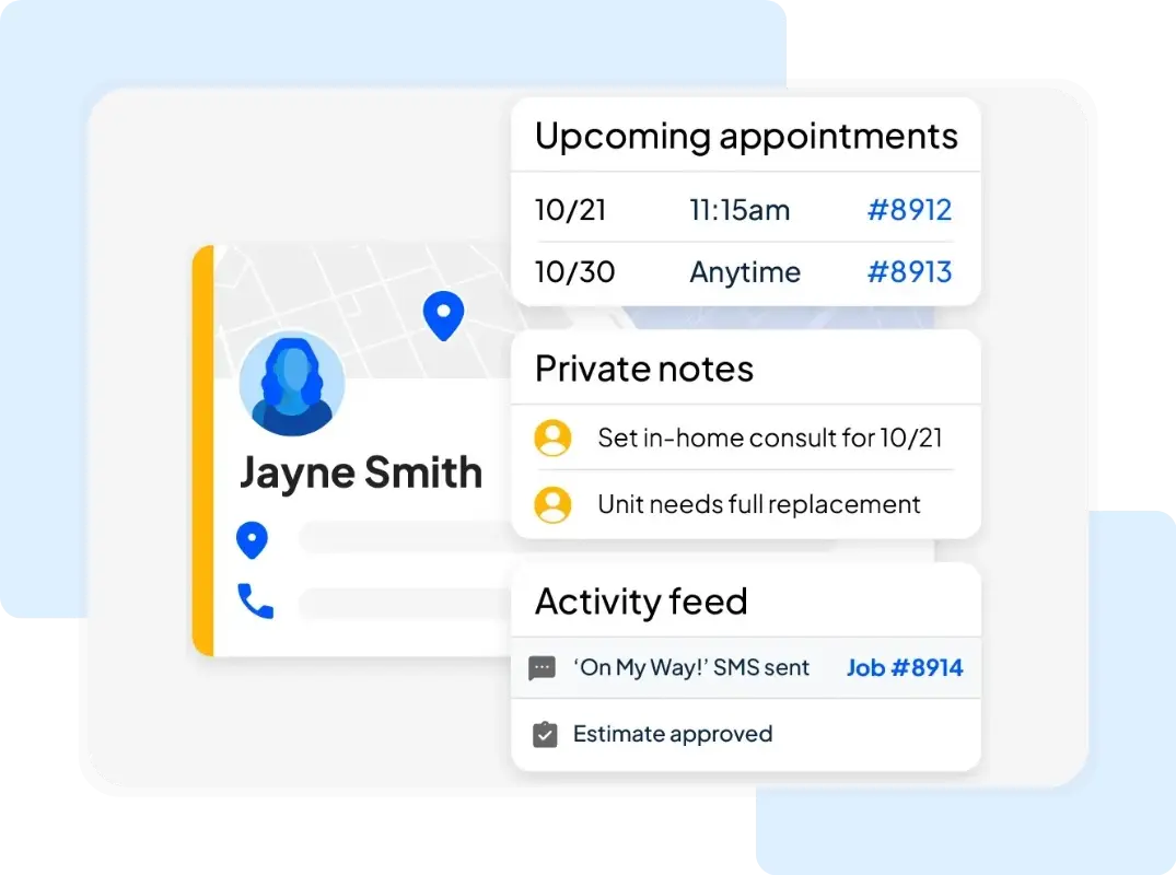 Housecall Pro dashboard showing customer profile, upcoming appointments, private notes, and activity feed for service scheduling.