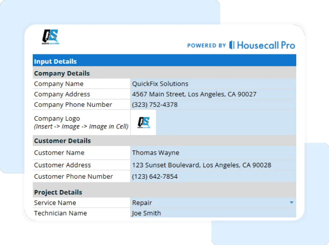 Editable small business terms and conditions form including company, customer, and project details.
