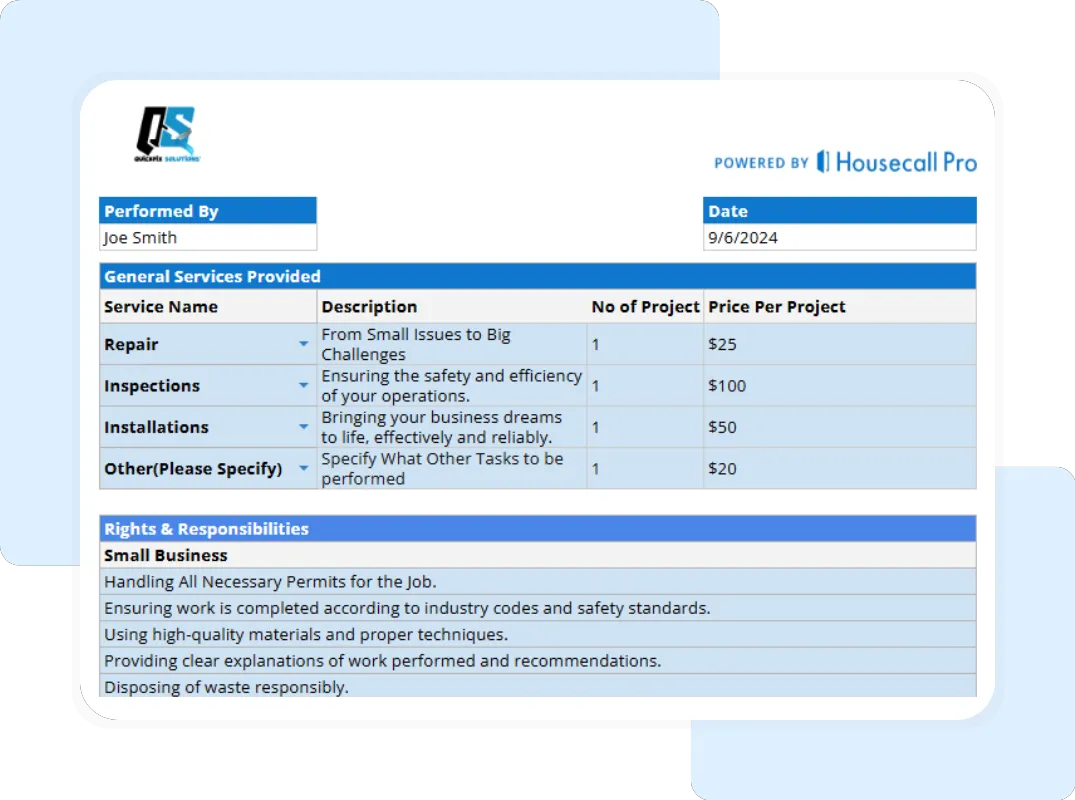 Professional terms and conditions agreement for small businesses showing rights, responsibilities, and pricing sections.