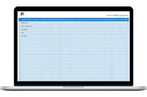 A silver laptop screen displaying a QuickFix Solutions equipment list template powered by Housecall Pro. The digital form features a table for tracking equipment details and service notes, listing initial item types such as a blower fan, motor replacement, and heating coil.