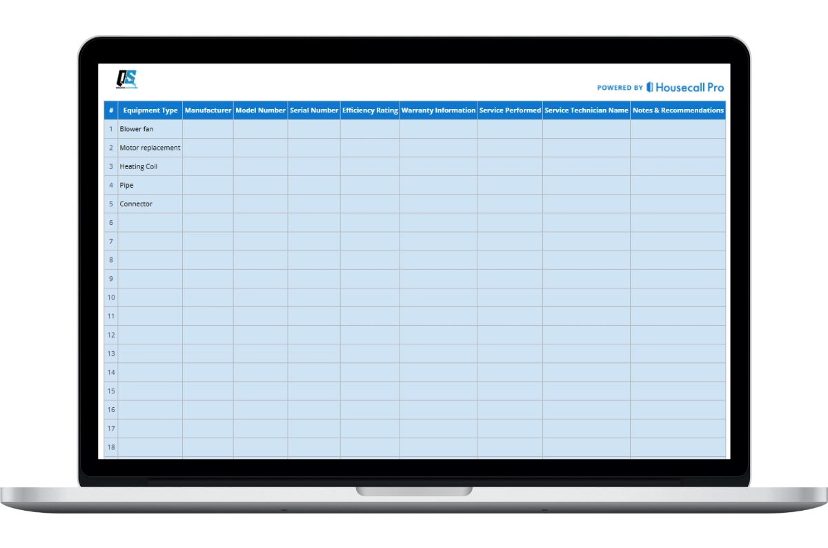 A silver laptop screen displaying a QuickFix Solutions equipment list template powered by Housecall Pro. The digital form features a table for tracking equipment details and service notes, listing initial item types such as a blower fan, motor replacement, and heating coil.