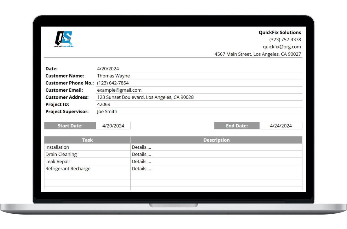 A laptop displaying a QuickFix Solutions "Scope of Work" document for customer Thomas Wayne. The form details Project 42069, supervised by Joe Smith from April 20–24, 2024, listing tasks including installation, drain cleaning, and leak repair.
