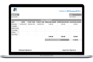 A silver laptop displaying a digital equipment list template for QuickFix Solutions. The interface features a table for tracking components like blower fans and heating coils, with columns for manufacturer details, serial numbers, and service notes.
