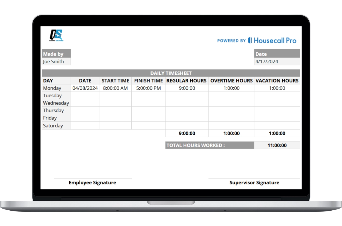 A silver laptop displaying a digital equipment list template for QuickFix Solutions. The interface features a table for tracking components like blower fans and heating coils, with columns for manufacturer details, serial numbers, and service notes.