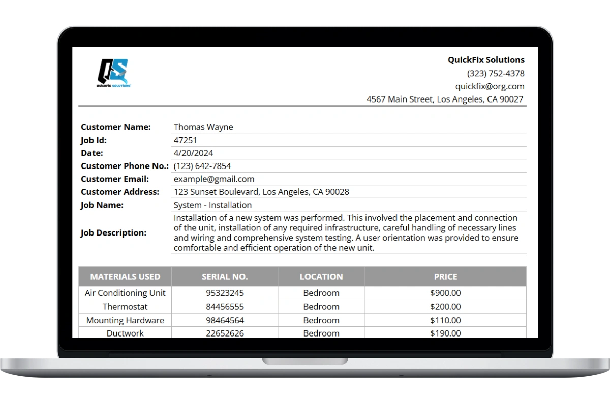 A silver laptop displaying a QuickFix Solutions field service report for customer Thomas Wayne, dated 4/20/2024. The document details a "System - Installation" job (ID 47251) involving an AC unit, thermostat, and ductwork installed in the bedroom.