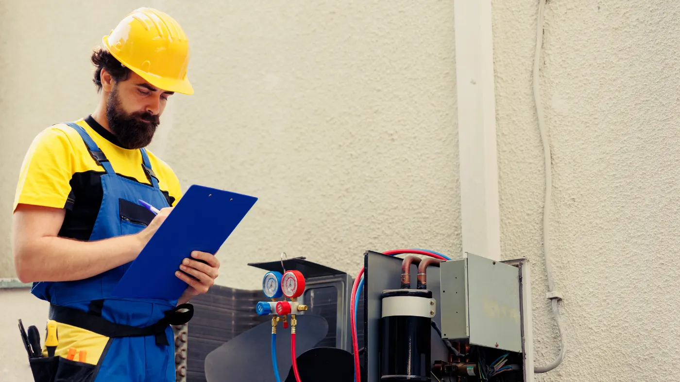 HVAC technician inspecting equipment and writing on a clipboard.
