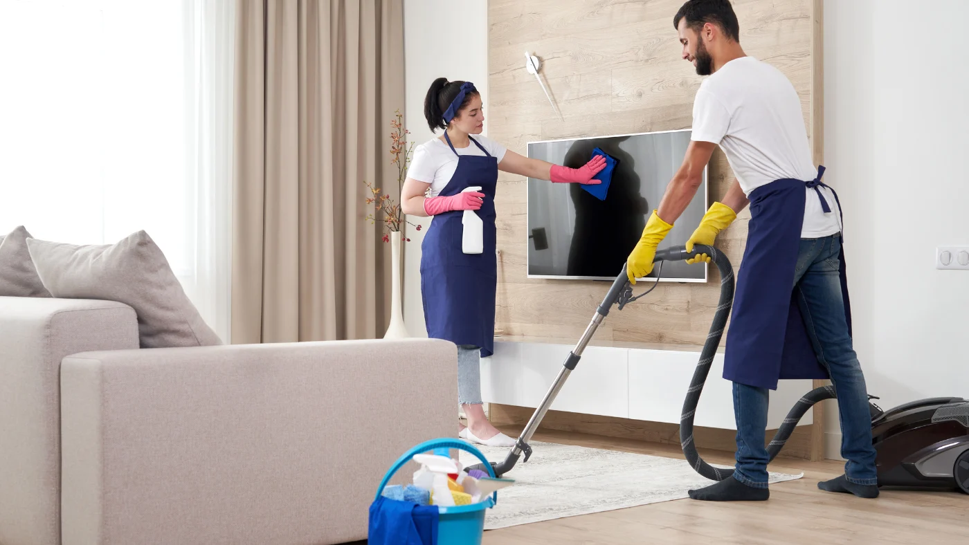 Office cleaners wiping a keyboard and desk in a workspace.