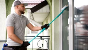 pro is cleaning a window