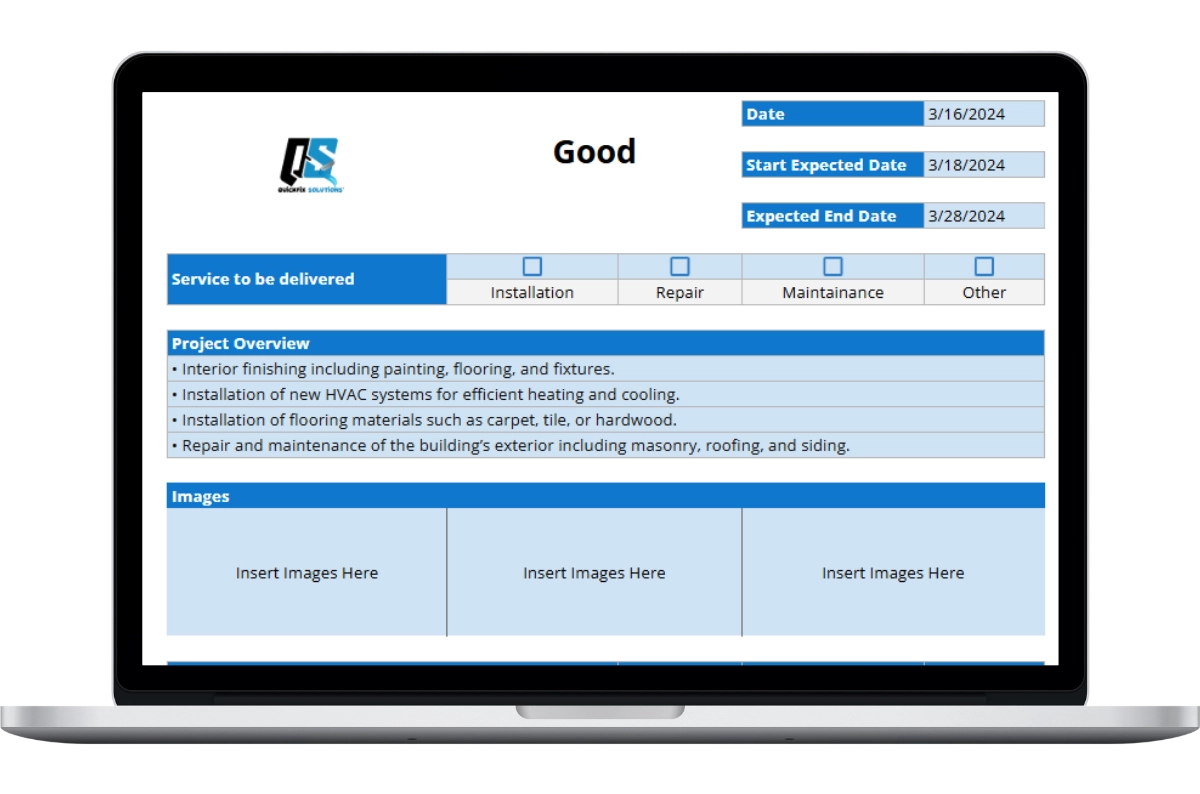 template includes required dates, which service need to be delivered, project overview and the input for adding the project images