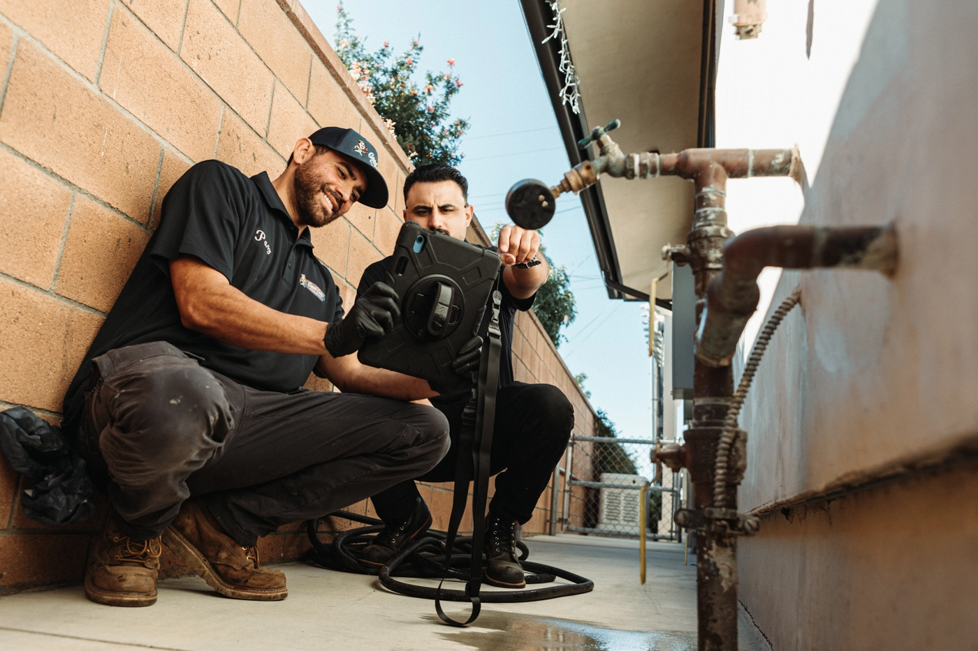 Plumbing technicians collaborating with digital tools to diagnose a plumbing issue on site.