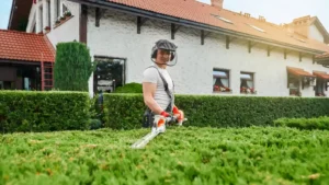 landscaping pro in uniform, glasses, and gloves pruning bushes in garden.
