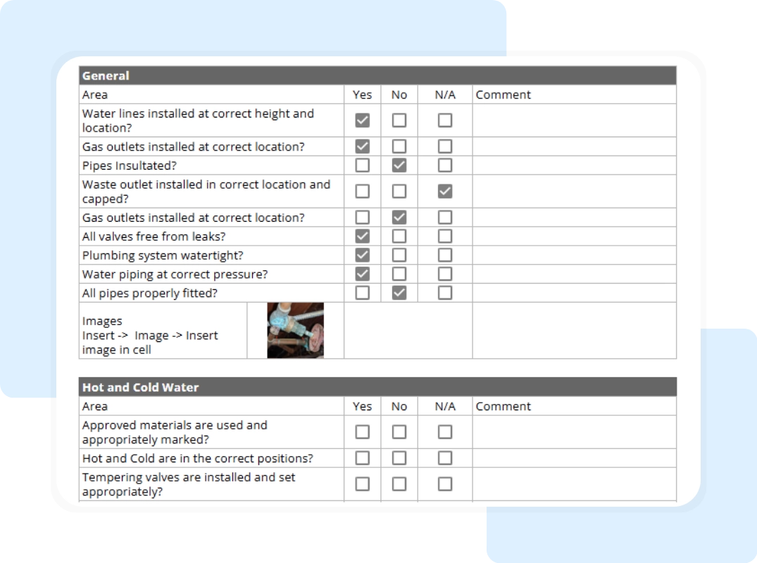plumbing inspection checklist template with general and hot & cold water section in printable summary format