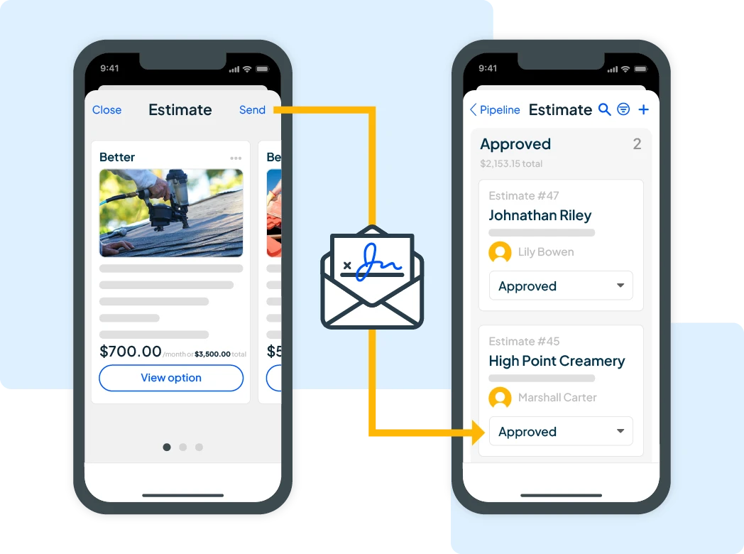 Mobile app showing how service businesses send digital estimates for approval and track approved jobs in a pipeline.