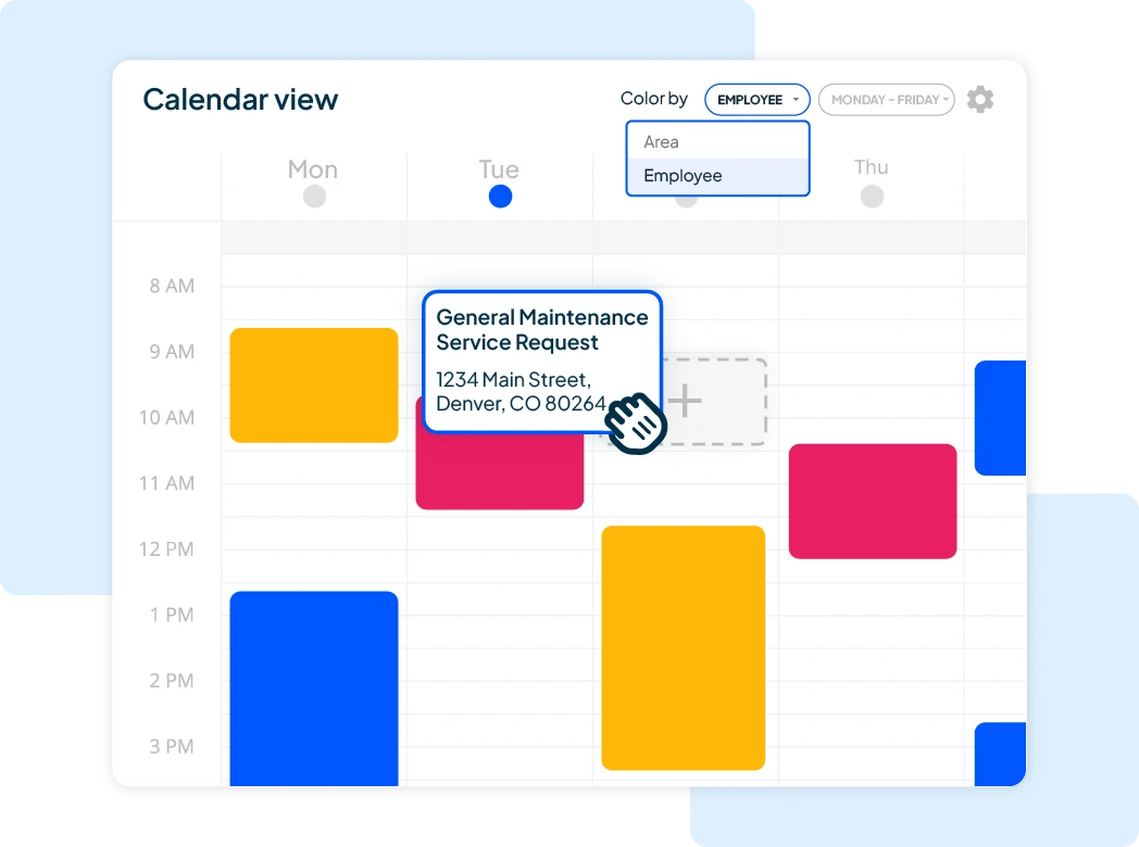 Service business scheduling calendar showing jobs assigned by employee with drag-and-drop scheduling.