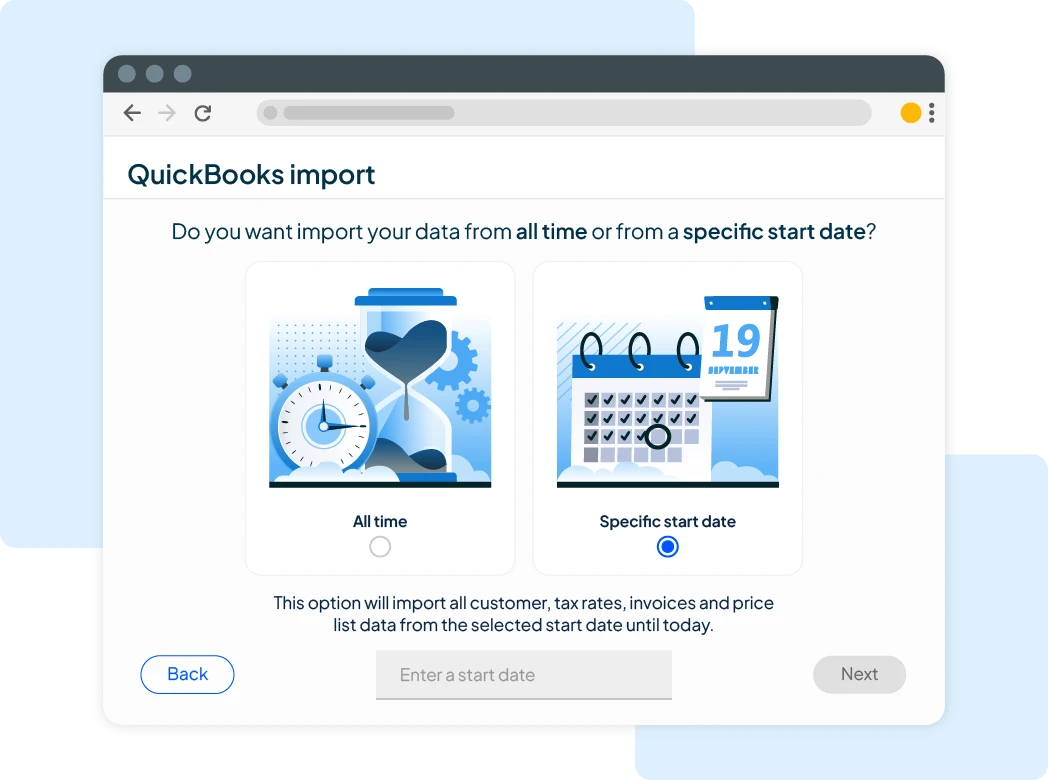 QuickBooks import screen allowing service businesses to sync customer, invoice, and pricing data by date.