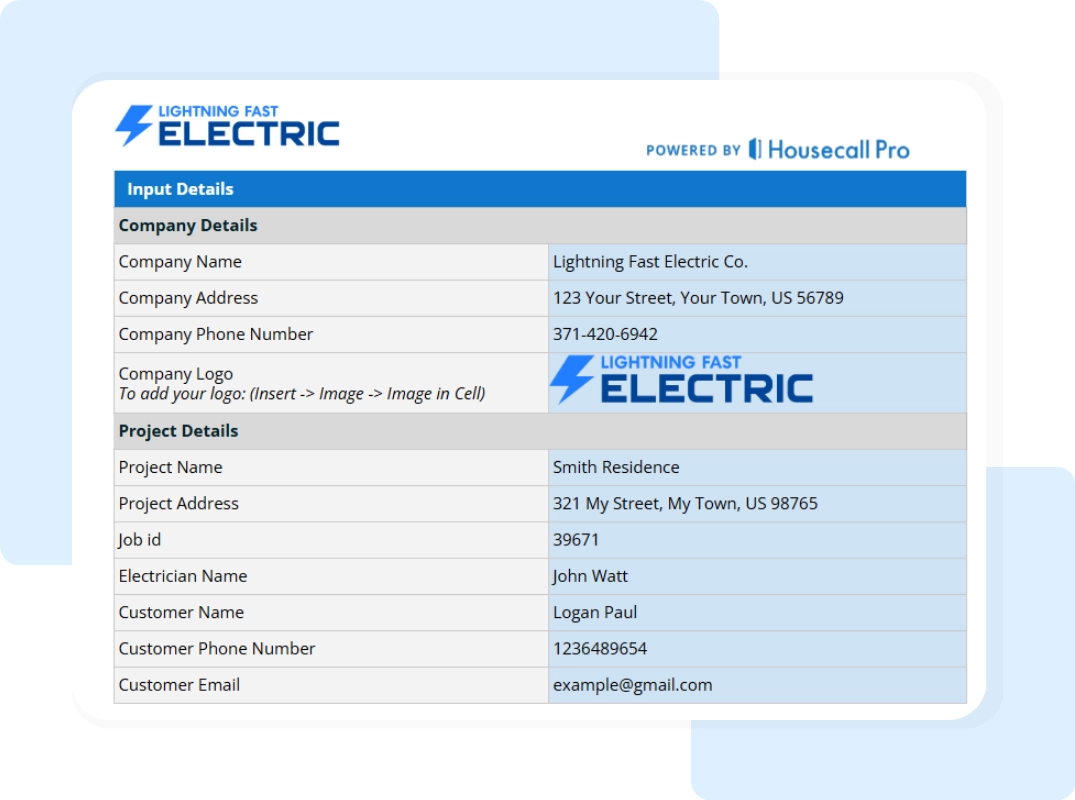 electrical contract template company and project details input tab