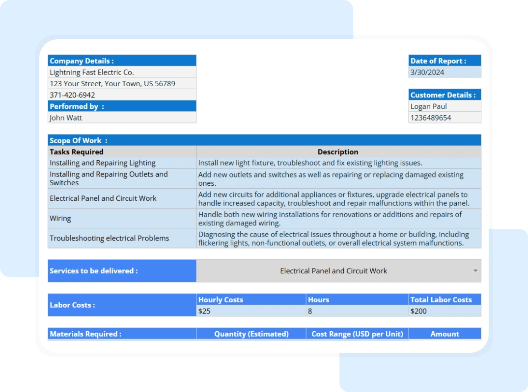 electrical contract template tab showing the scope of work, services that need to delivered and more