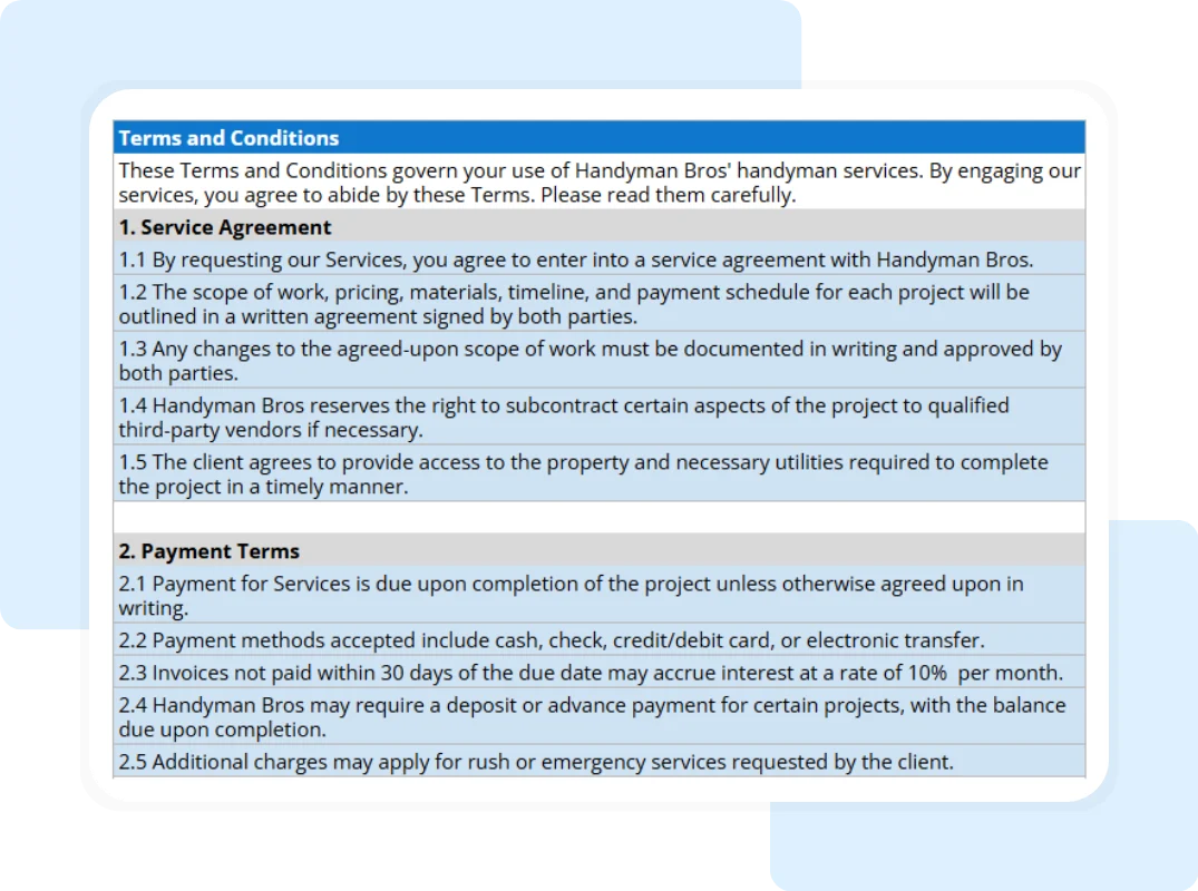 details of the handyman terms and conditions template