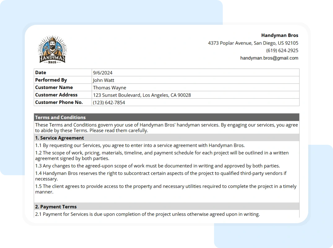 printable report summary of handyman terms and conditions template