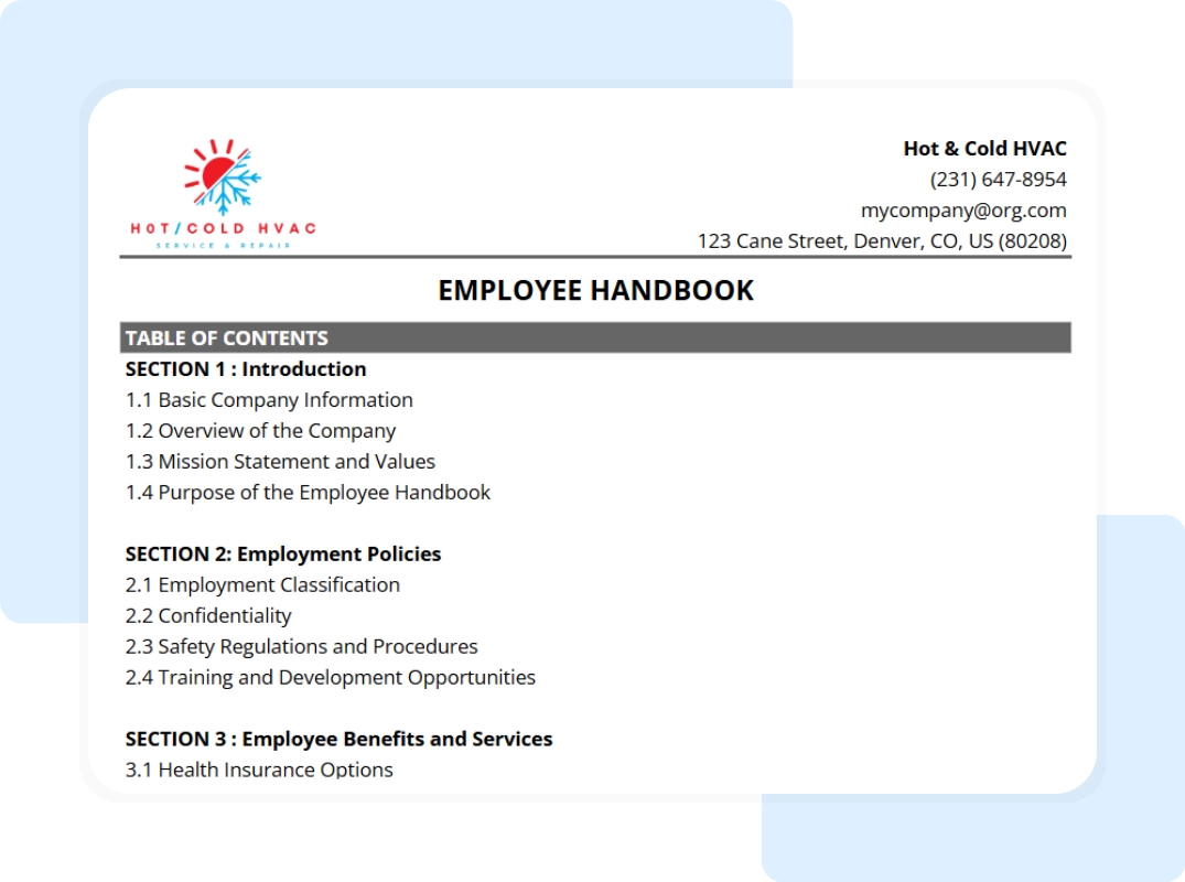 employee handbook summary for hvac employee handbook template