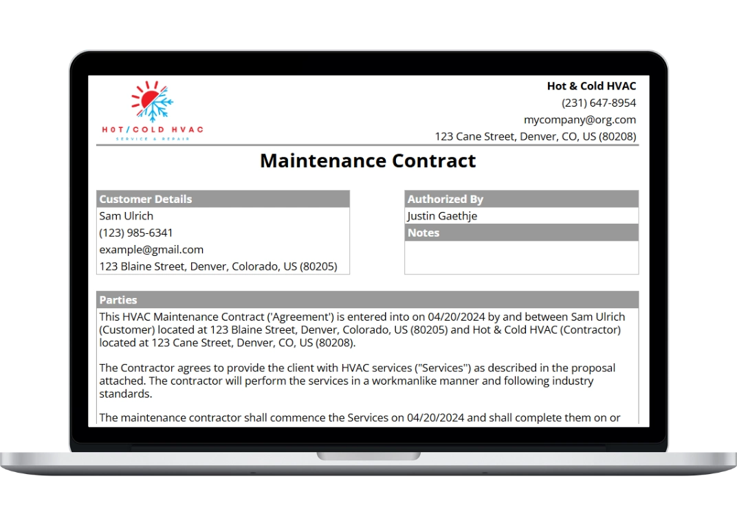 laptop showing the free hvac maintenance contract template, made by Housecall Pro