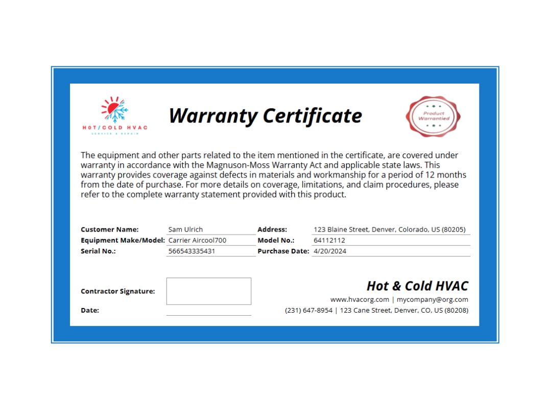 hvac warranty certificate template cta