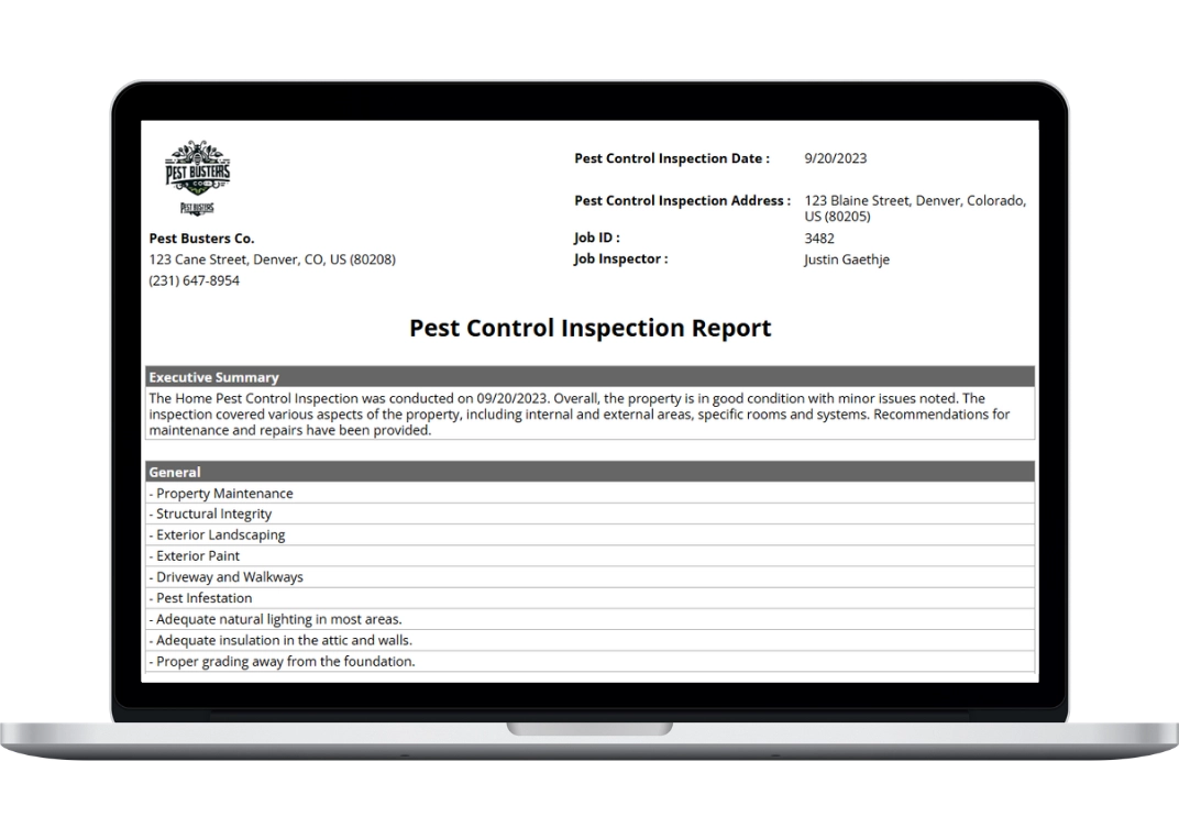 pest control inspection report template showing company and inspection informtion