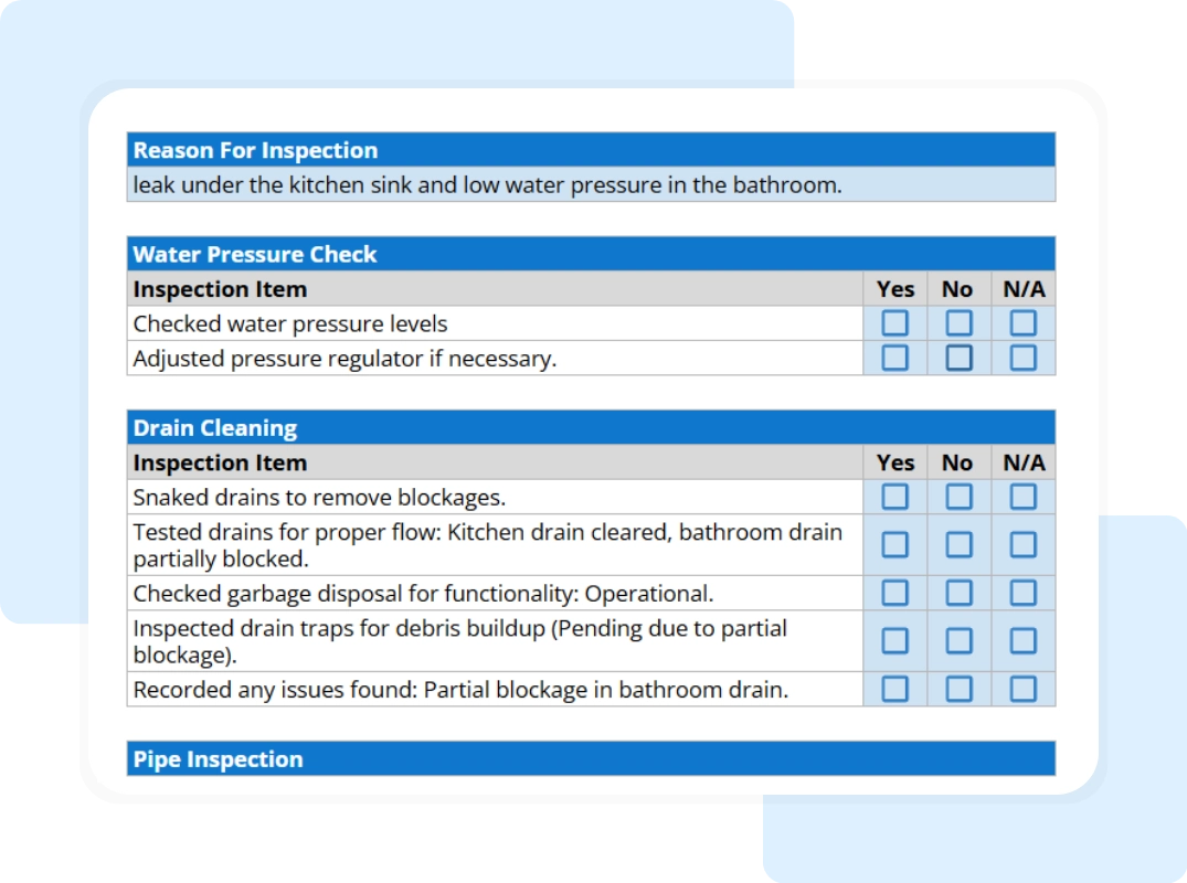 plumbing checklist template includes the reason of inspection with multiple inspection item list