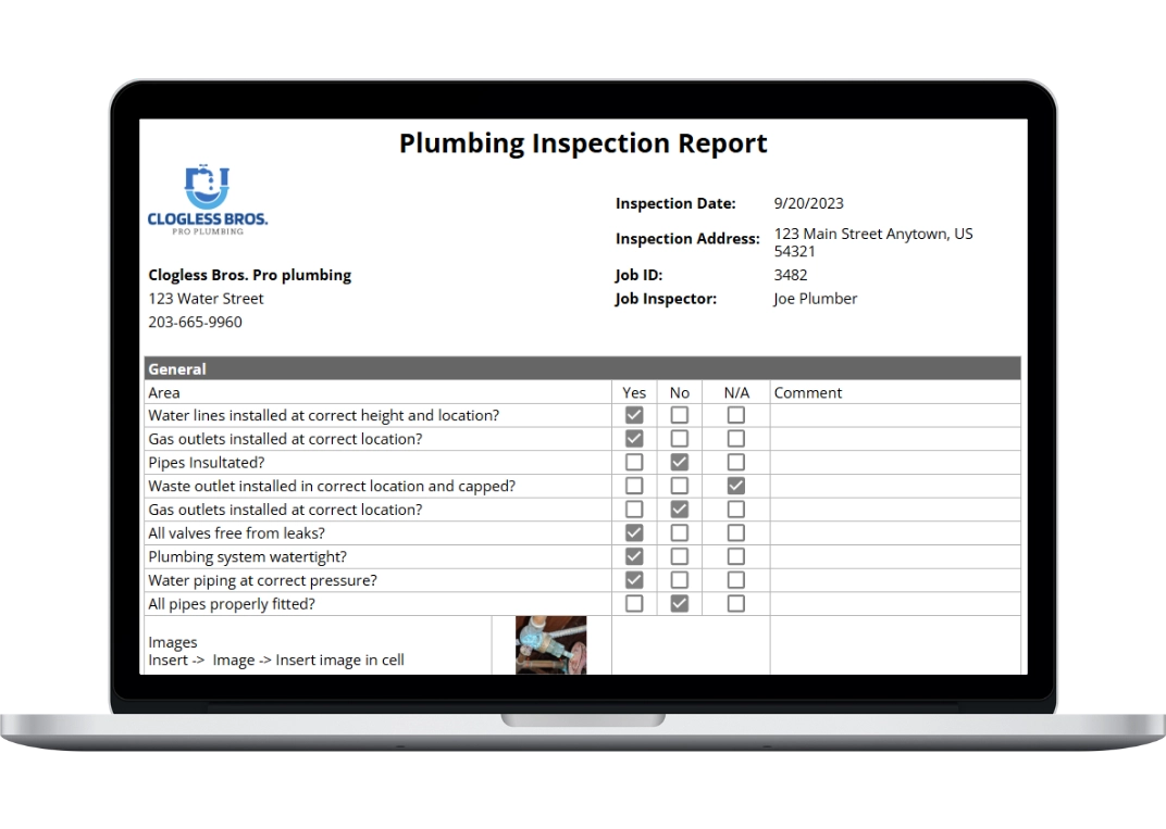 plumbing inspection report template hero image showing the printable summary of the template