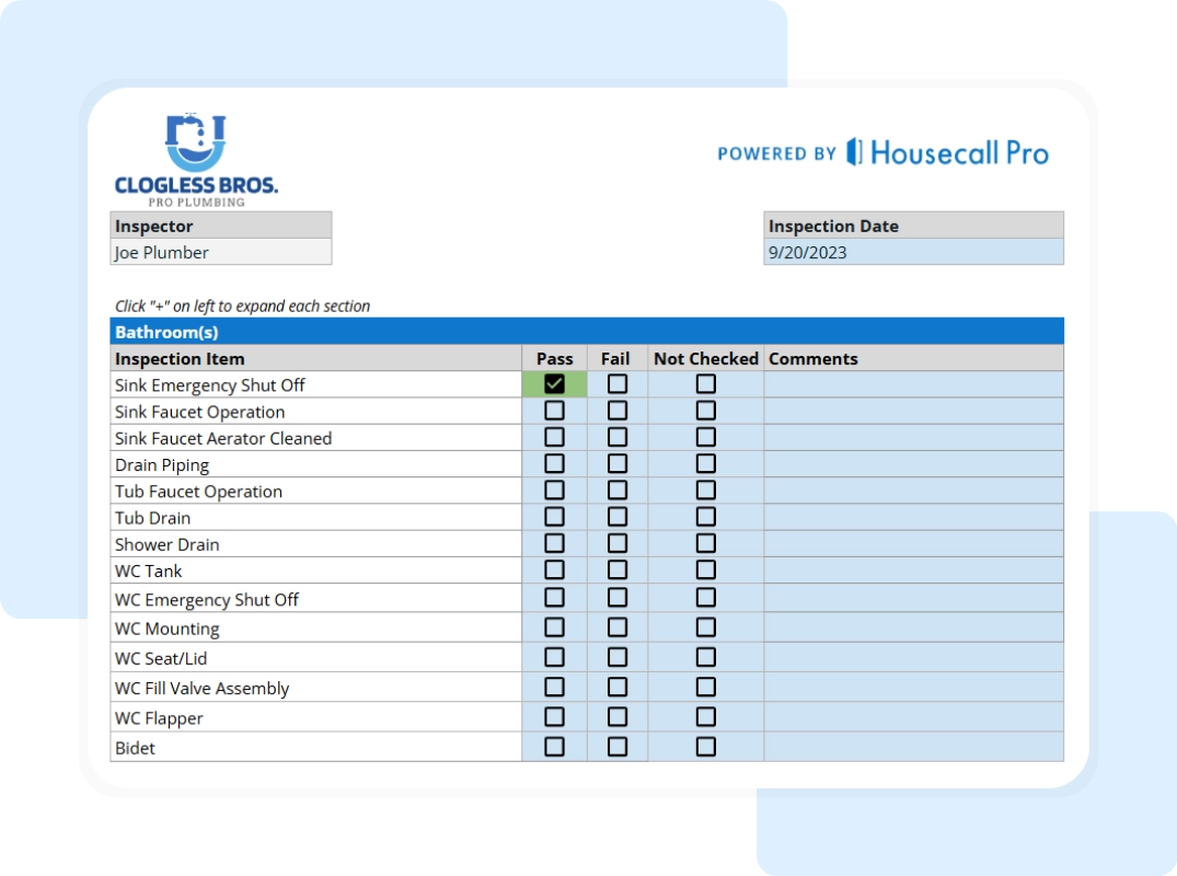 plumbing inspection report template checklist for the inspection items in bathroom area