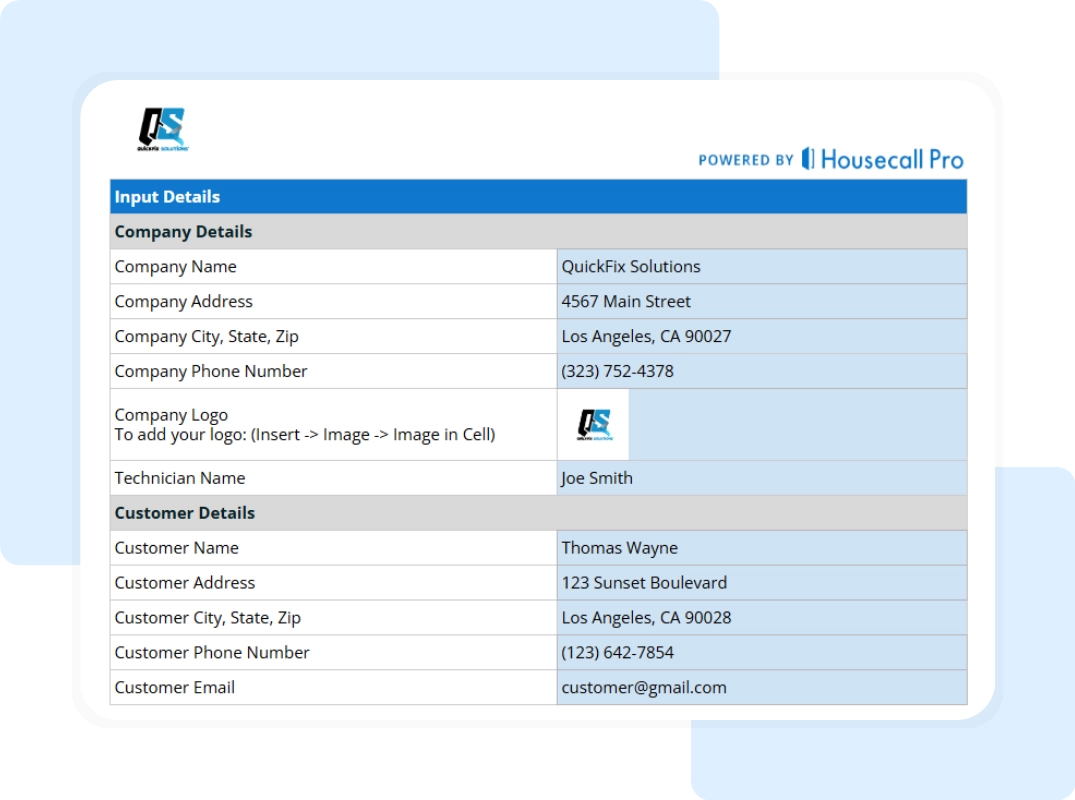 small business invoice template company and customer details